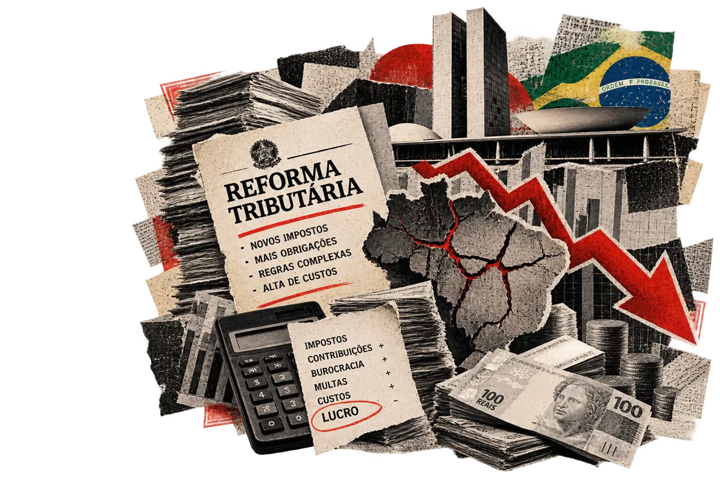 Colagem sobre a reforma tributária: novos impostos, mais obrigações, regras complexas e alta de custos, com o Congresso, a bandeira do Brasil, o mapa rachado, a queda nos gráficos e o lucro cercado por impostos, contribuições, burocracia, multas e custos.